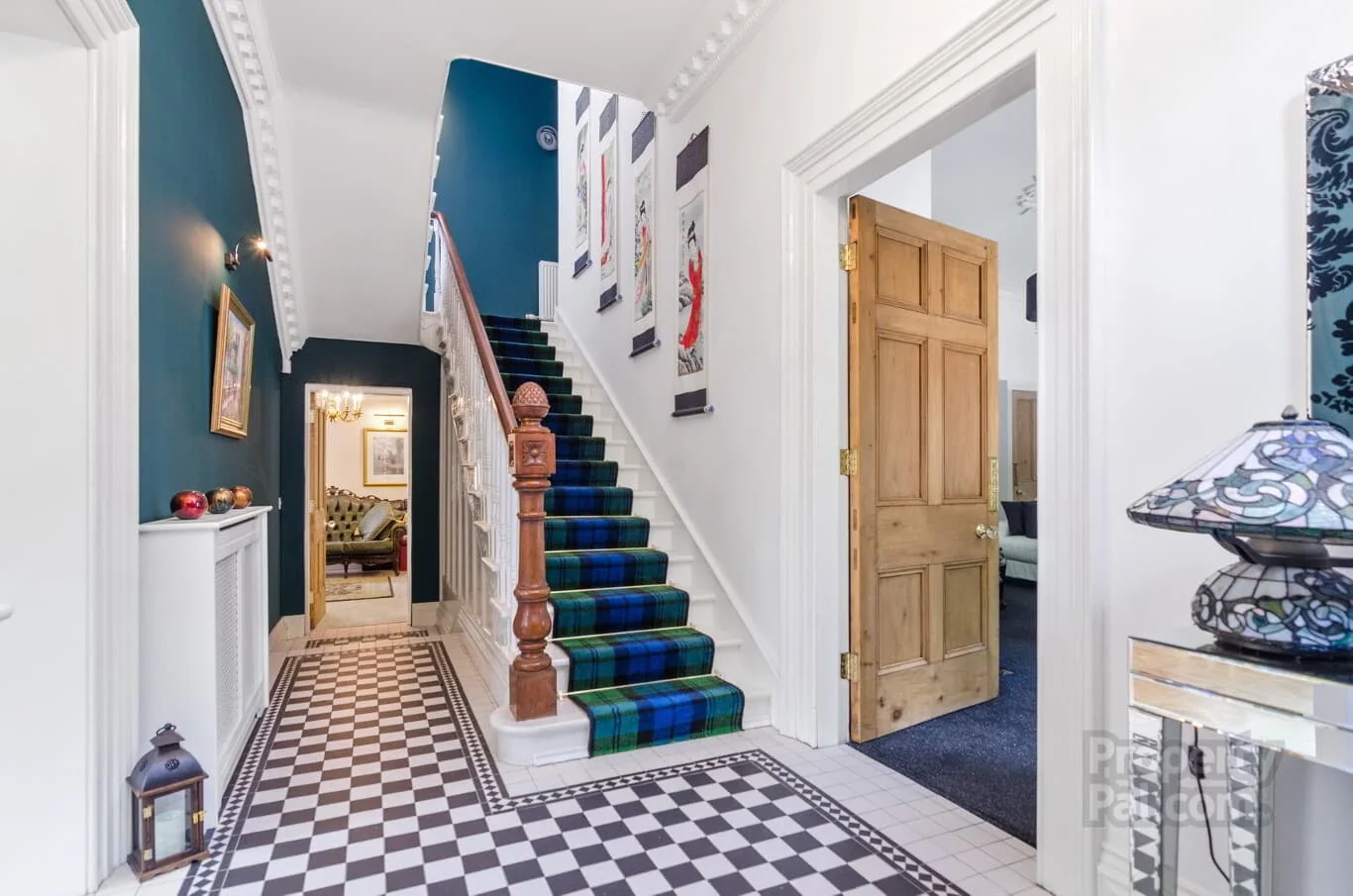 Restored entrance hall and staircase at Holly House