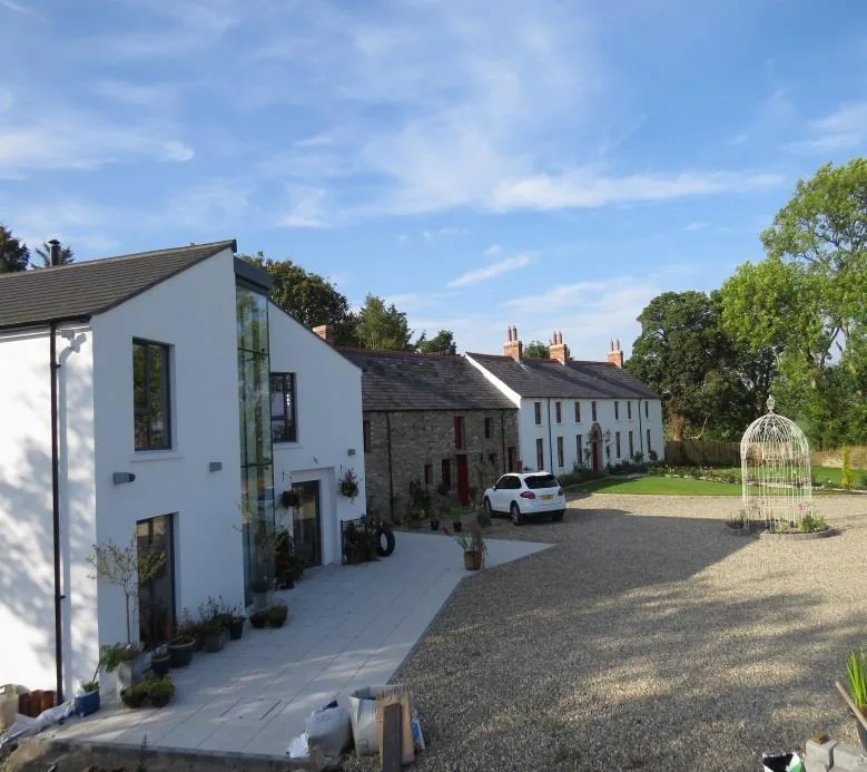 Ling House estate showing the modern extension and restored barn