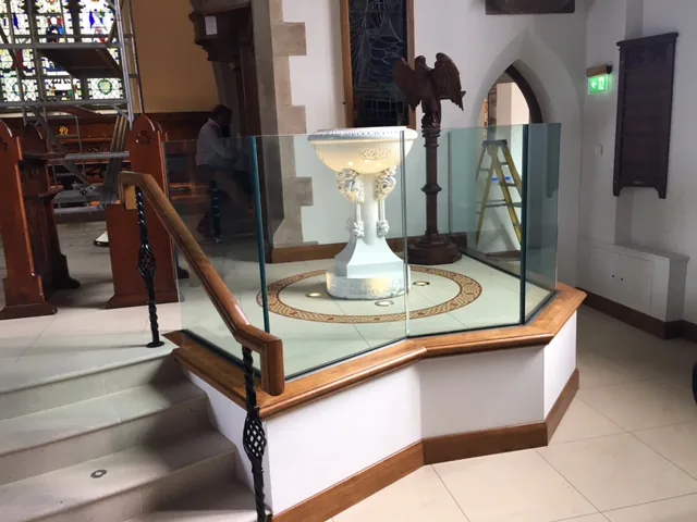 St Colman’s font within its glass enclosure