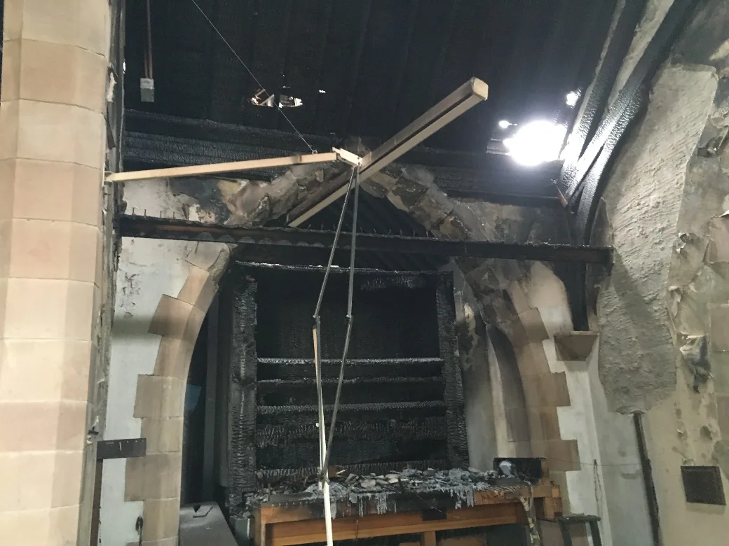 Fire-damaged chancel at St Colman’s