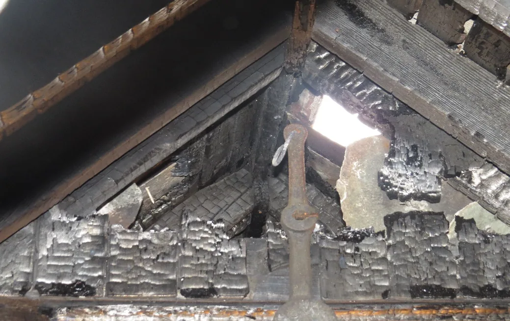 Main roof timbers following the fire