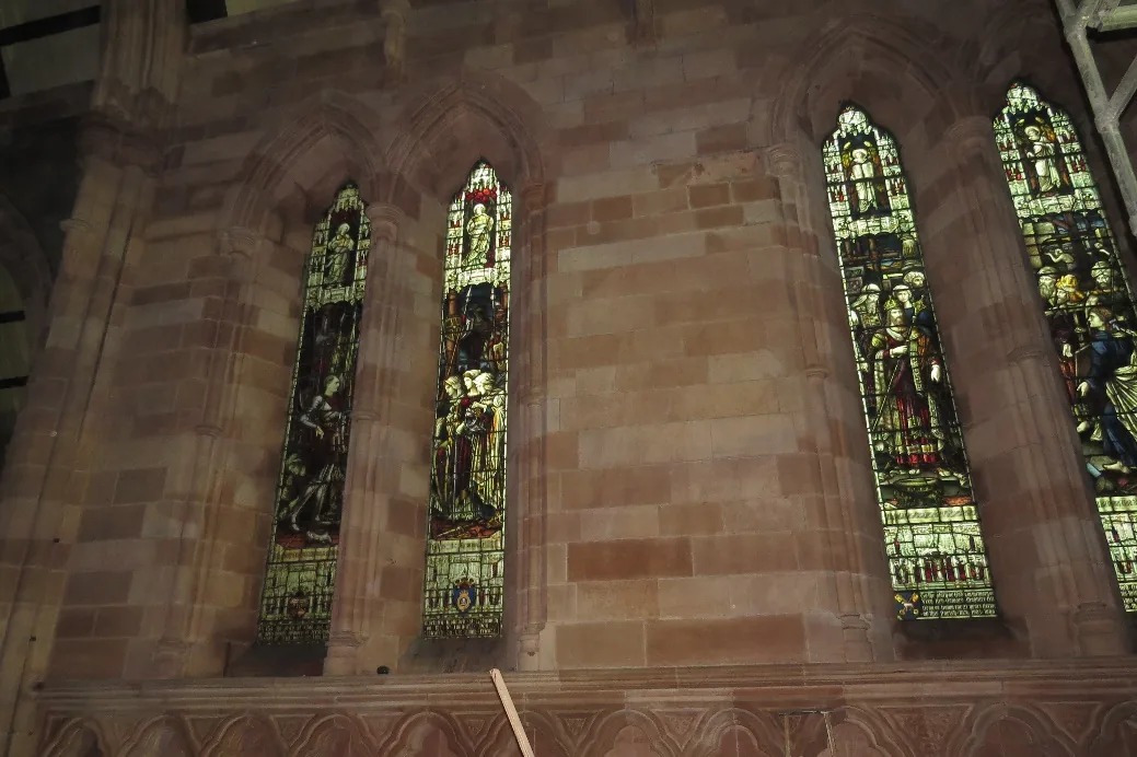 Cleaned stained-glass windows and sandstone