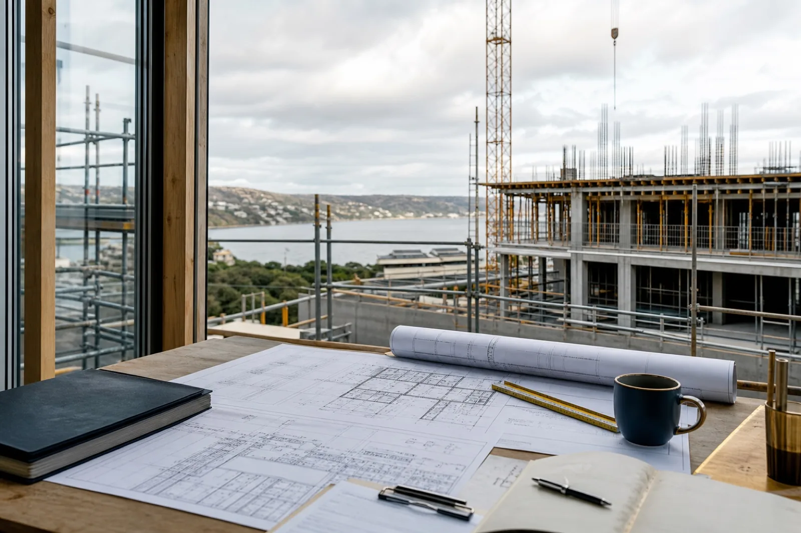 Architectural plans overlooking an active construction project
